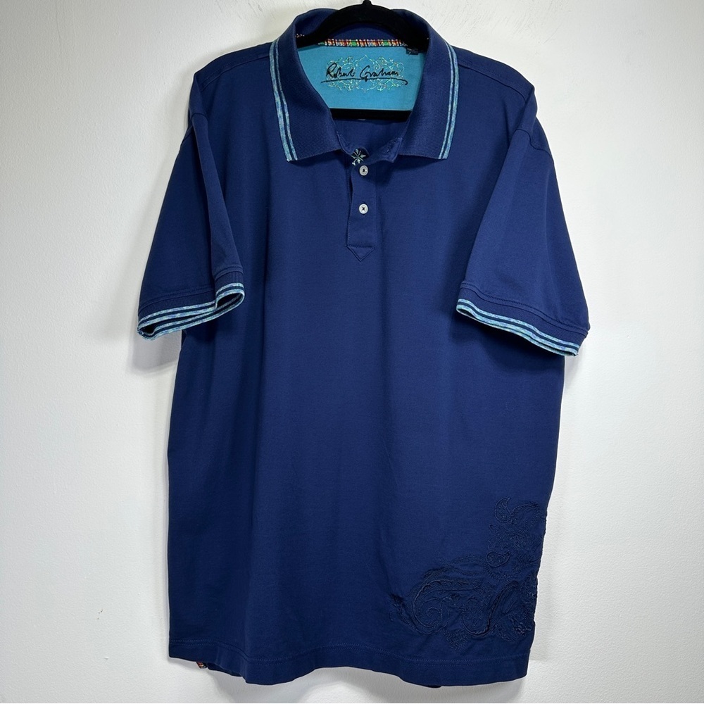 Robert Graham Navy Cotton Polo Shirt Embroidered Detail Contrast Trim Size 2XL